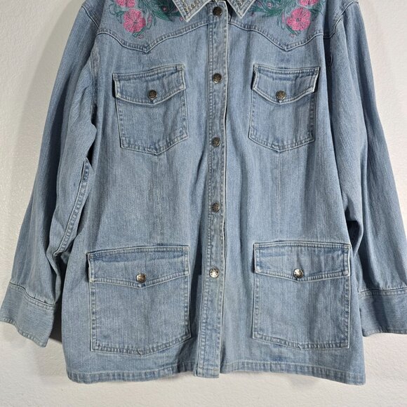 Denim & Co. Jacket Women Plus Size 2X Blue Long Sleeve Embroidered Floral Button - Picture 5 of 11